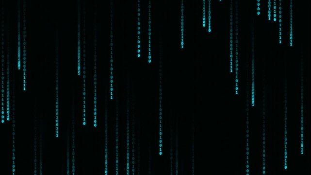 Binary code motion video background with falling blue digital numbers