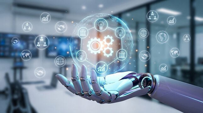 Futuristic robotic hand holding a glowing digital sphere with business icons representing automation innovation and global connectivity in a modern corporate office setting