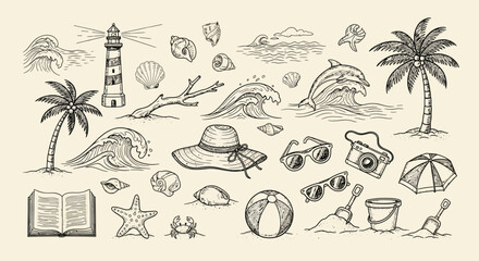 Obraz premium Doodle Beach Elements: Lighthouse, Palm Tree, Dolphin, Seashells, Sun Hat
