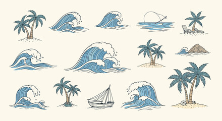 Obraz premium Ocean Waves, Palm Trees, Sailing Boat and Beach Elements Vector Set