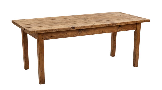 Rustic wooden farmhouse dining table with turned legs.