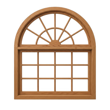 Traditional arched wooden window with sunburst muntins, classic oak timber frame with glass panes, architectural window design for home renovation
