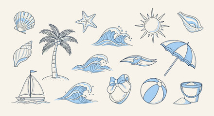 Obraz premium Summer Beach Objects Vector Set - Palm Tree, Waves, Sun, Sailboat & Seashells