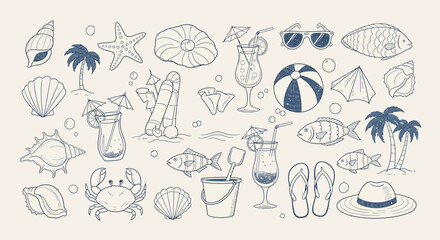Fototapeta premium Summer Beach Vacation Doodle Elements: Tropical Drinks, Seashells, Crab, Sun.