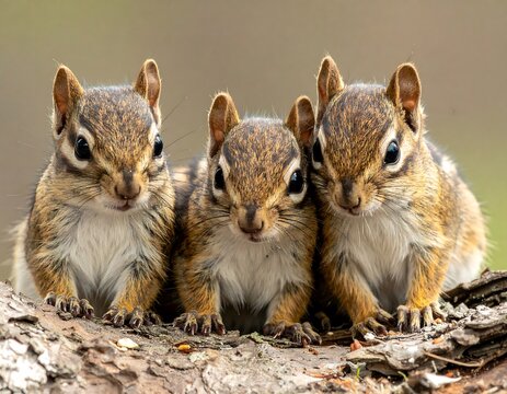 Three adorable chipmunks huddled together on a log close up portrait