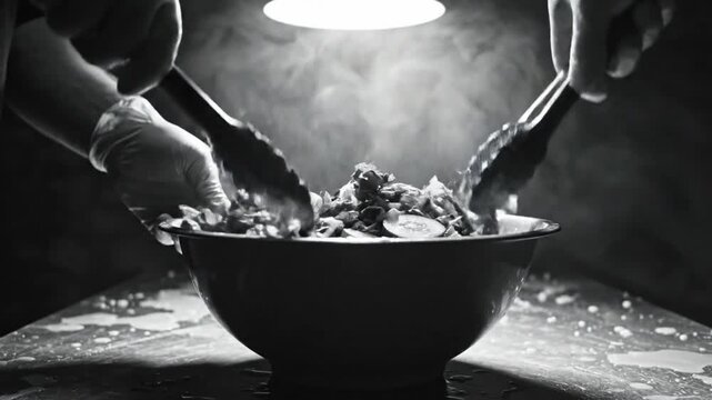 Dramatic black and white close-up of a chef tossing salad in a metal bowl with steam rising under bright overhead light