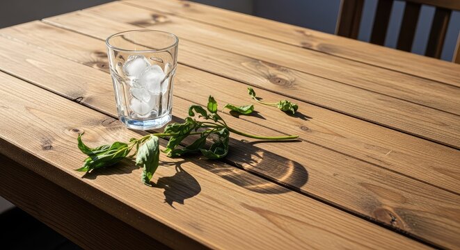 Mesa de madera bajo el sol intenso en una terraza abierta, con sombras marcadas, un vaso con hielo derretido y plantas verdes marchitas, sunlight, deck, heat