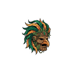 Obraz premium Tribal Aztec Style Bird Beak Mask Mascot Featuring Green And Orange Feathered Headdress Surrounded By Tropical Leaves, Cultural Festival Costume Element Vector Illustration