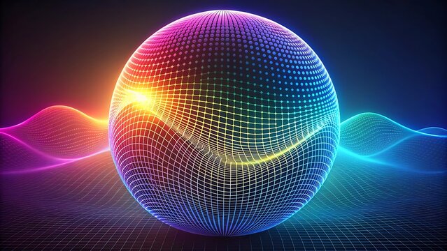 Abstract Neon Sphere With Wavy Light Patterns And Grid Lines Keywords: sphere, abstract, neon, glowing, wavy, light
