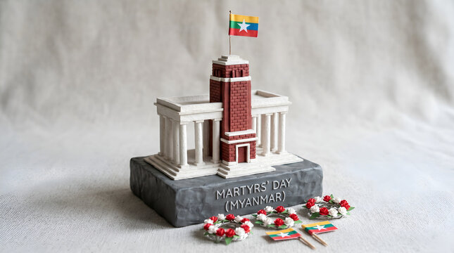 Martyrs' Day Myanmar Commemorative Model with National Flag and Wreaths