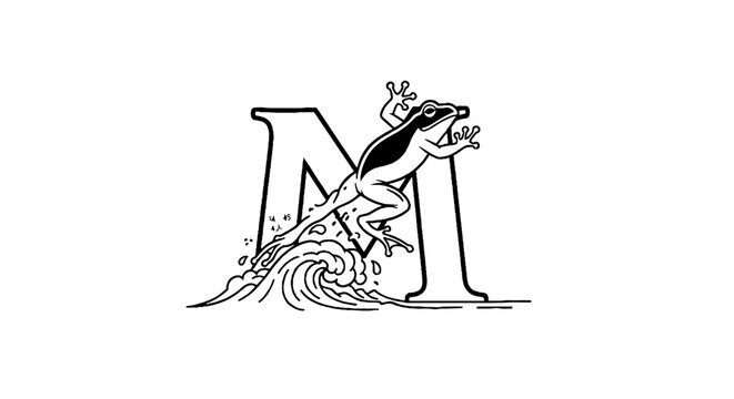 Illustrated letter M with jumping fish design.