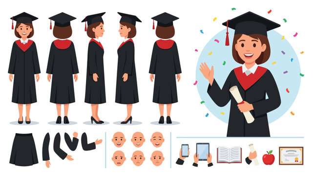 Vector illustration of a female graduate character creator kit with multiple poses and facial expressions