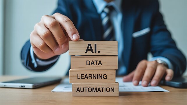 Businessman arranging wooden blocks with AI data learning and automation concepts stacked together