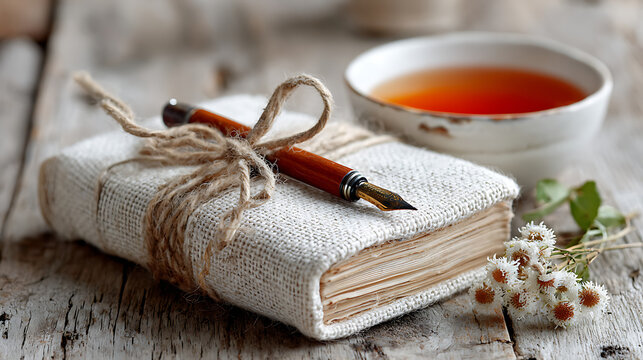 Vintage journal with ribbon bookmark, fountain pen, and tea on a rustic table, creating a cozy atmosphere of reflection, creativity, and nostalgia.