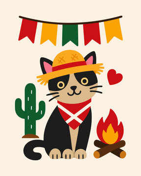 Ilustra&ccedil;&atilde;o minimalista de gato em festa junina com fogueira e cacto