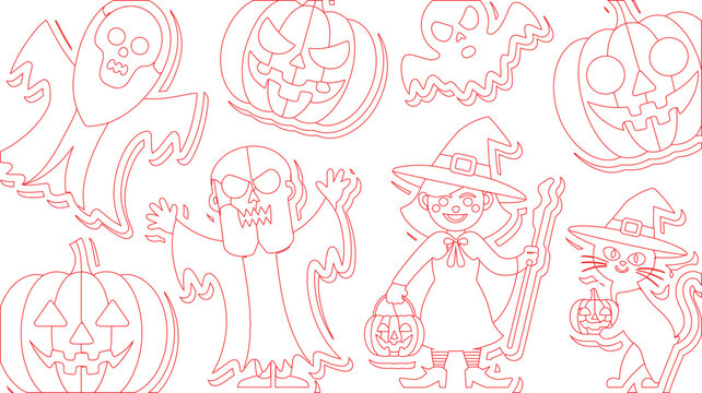 Collection of various spooky Halloween characters and seasonal elements in line art