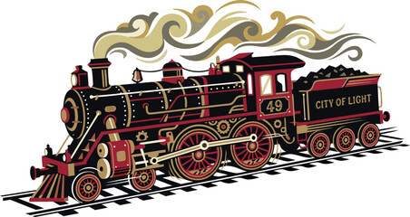 Classic steam locomotive engine pulling train cars with locomotive, railroad © Millat