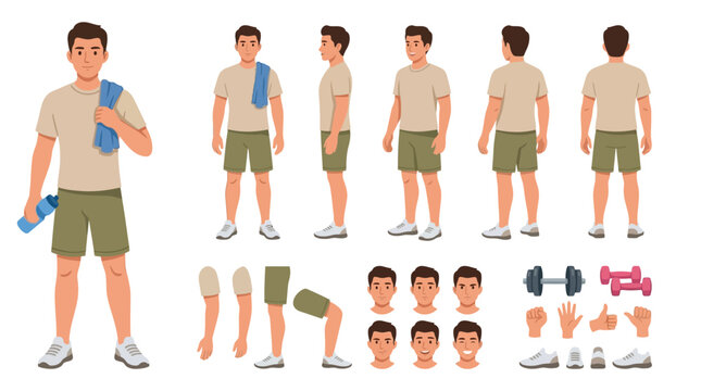 Flat vector character illustration of a male fitness athlete with multiple poses and facial expressions