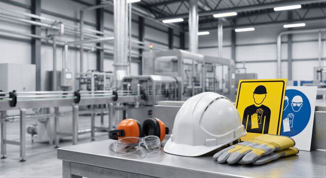 Personal Protective Equipment and Workplace Safety Concept in Modern Manufacturing Facility with Copy Space