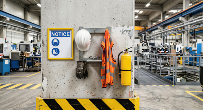 Workplace Safety Equipment and Safety Signage in Modern Factory with Copy Space