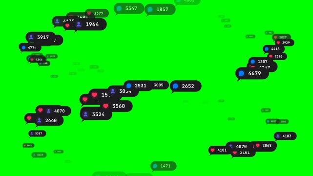 Social media notification bubbles rising with heart comment and follower icons on green screen chroma key background overlay