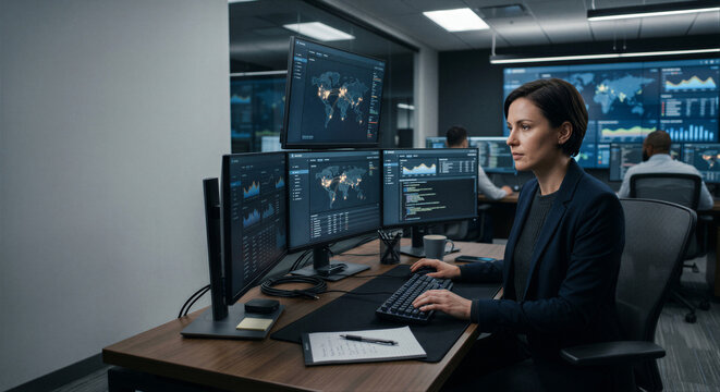 Cybersecurity Analyst Monitoring Network Operations in Security Operations Center with Copy Space
