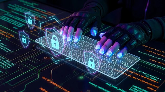 Software engineer types on a transparent digital keyboard while monitoring encrypted security protocols within a virtual server environment.