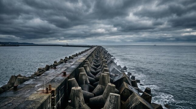 Dramatic breakwater jetty stretching into a stormy sea under dark clouds perfect for hero header, website background, and corporate presentation