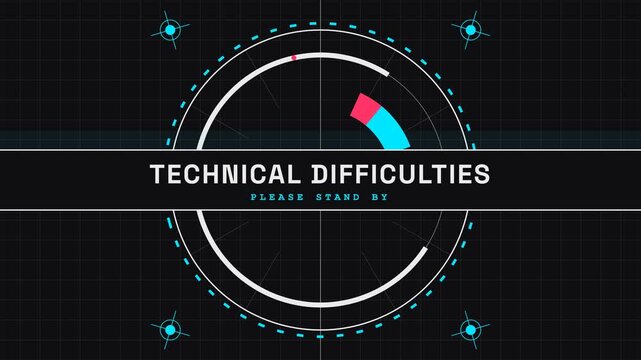 HUD technical difficulties screen with rotating digital loader circle and flickering glitch distortion on black background for stream overlay.