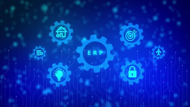 ERP system concept depicted with interconnected gears and on a dark blue digital background with bokeh and circuit board