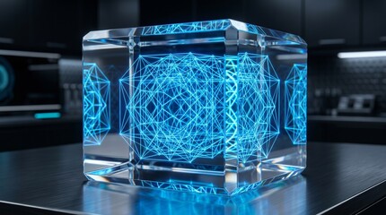 Fototapeta premium Glass cube encapsulates a glowing blue geometric lattice structure representing advanced data processing in a laboratory.