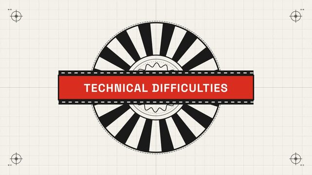 Technical difficulties screen with retro sunburst wheel and red broadcast banner for video error signal.