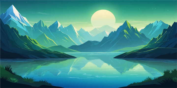 Mountain lake landscape in the morning with sunrise light, calm water reflection, clouds, mist, snowy mountains, forest valley and panoramic nature view
