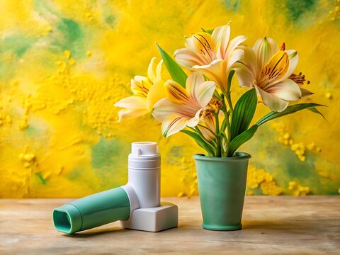Asthma Inhaler and Yellow Alstroemeria Flowers on Textured Yellow Background medical device