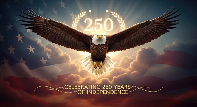 Symmetrical bald eagle soaring with 250th anniversary logo and US flag background