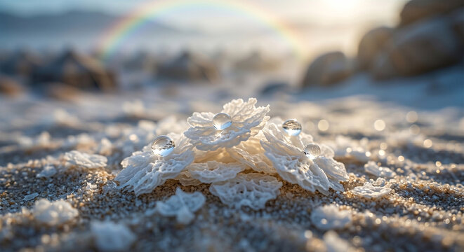 Bible, &nbsp;A conceptual macro photograph focused on a handful of clean, white, small manna flakes, appearing like coriander seed but flaky and delicate. A few drops of glistening morning dew linger on th