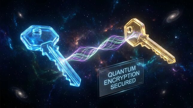 Encryption keys glow with digital energy to illustrate the secure transfer of information across a vast galactic network.