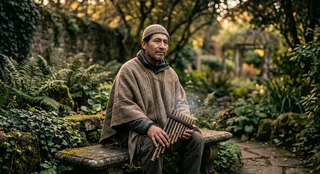 A candid, contemplative photograph of a musician sitting in a quiet garden, holding a pan flute gracefully in their lap. 