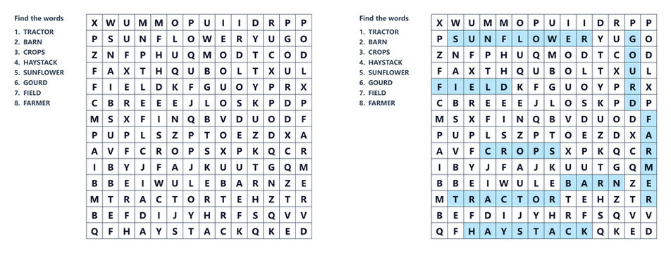 Farm Harvest Word Search Activity Sheet, Word seek puzzle sheet