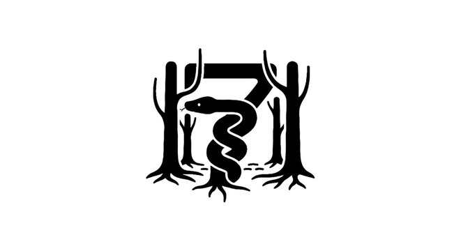Abstract black and white tree and snake logo design.