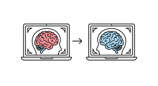 Computer screen showing brain scan changing from red to blue, symbolizing data analysis or transformation