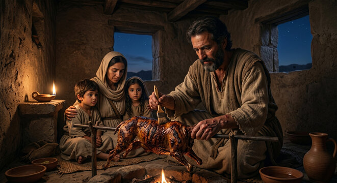 Bible, A detailed, close-up photograph of a Hebrew family gathered inside a dimly lit stone home at dusk. A father, wearing rough-spun linen, is preparing a roasted lamb for the meal.