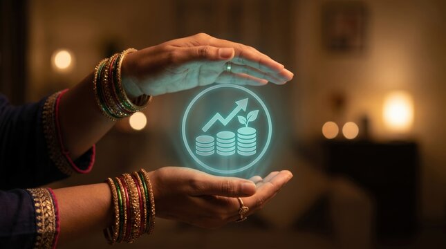 India Financial Growth and Wealth Accumulation Concept: Floating Holographic Plant, Coins, and Arrow Icon above Indian Woman's Hands