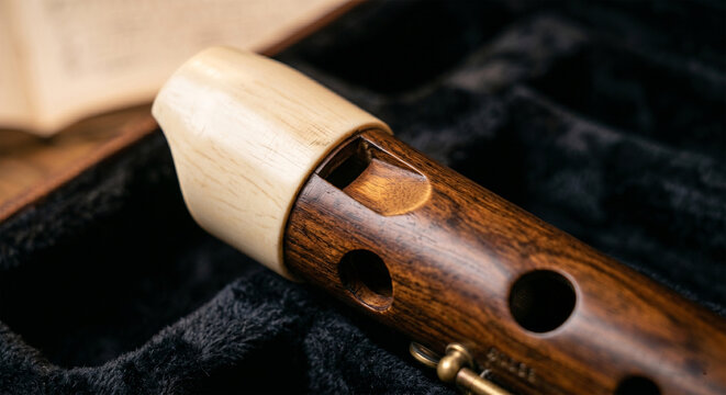 A hyper-realistic macro shot focusing on the ivory fipple mouthpiece and the first few finger holes of a Baroque-style wooden recorder. 