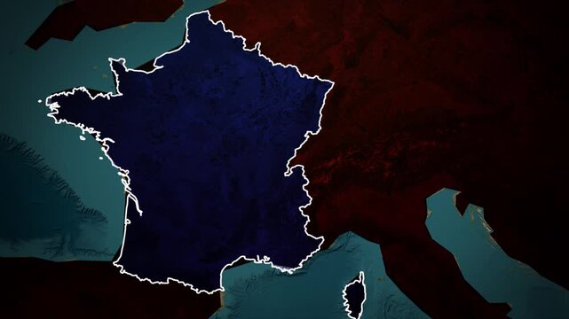 Animated Map of France Country Highlighted with Blue Border on Dark Background
