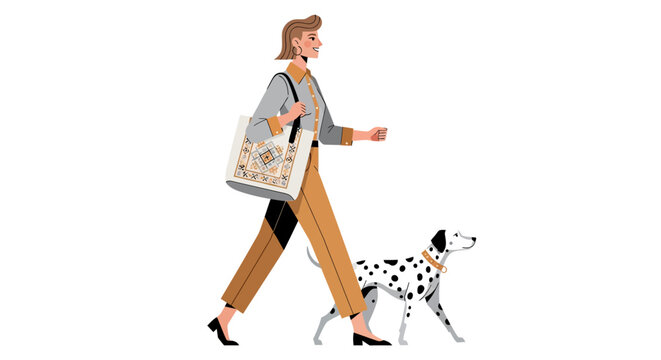 Woman walking her Dalmatian dog outdoors.