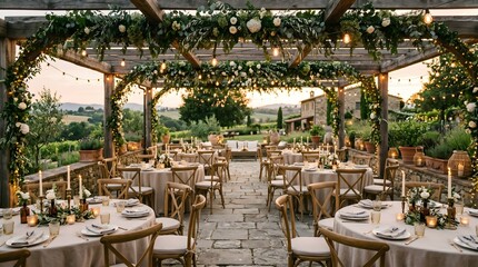 Obraz premium Elegant outdoor wedding reception venue adorned with enchanting string lights and floral decor