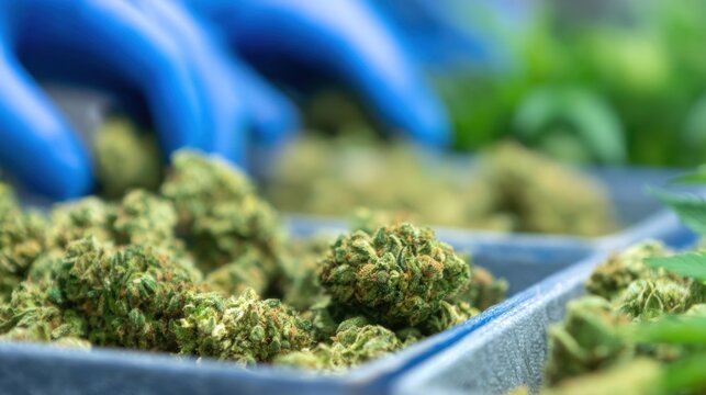 Cannabis is organized in a greenhouse for sale and distribution