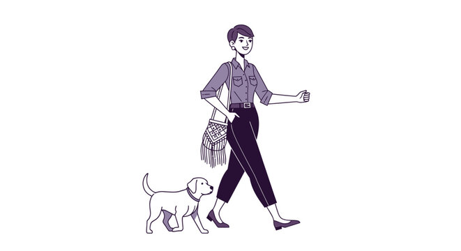Woman walking her small dog outdoors in casual attire.