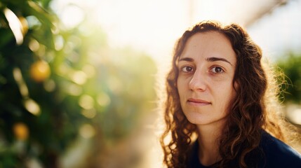Obraz premium Woman stands in garden with plants and sunlight during busy day